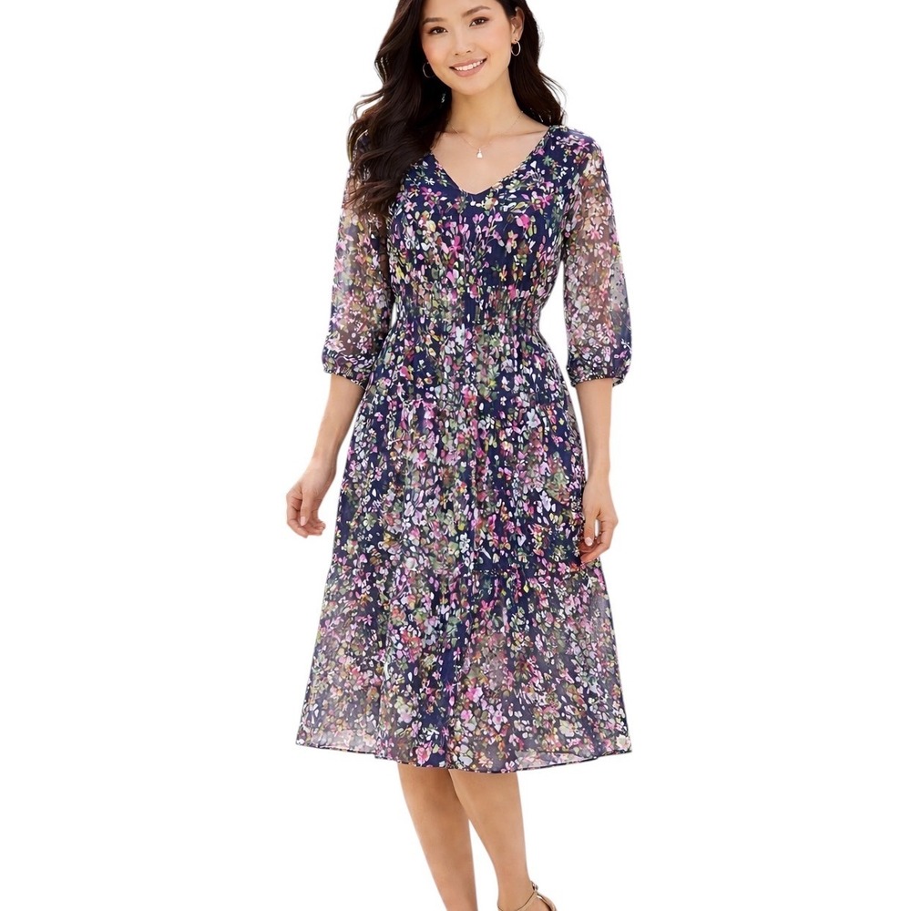 Danny and Nicole Petite Navy Pink‎ Floral Smocked Waist Midi Dress 4P V-Neck